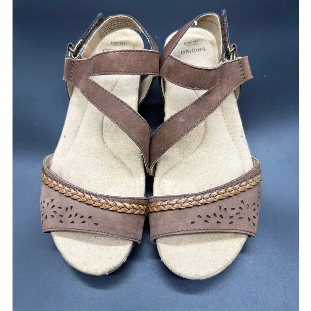 Earth Origins Kendra Karla Bark Brown Leather Wedge Sandals Womens 8.5M 2019S